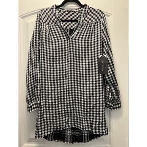 NWT Highline Women’s Long Sleeve V-Neck Checkered Shirt Dress Size S Black White